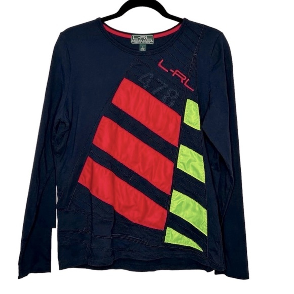 R-LR Ralph Lauren Navy Blue T-Shirt with Hot Pink and Lime Green Stripes Sz L